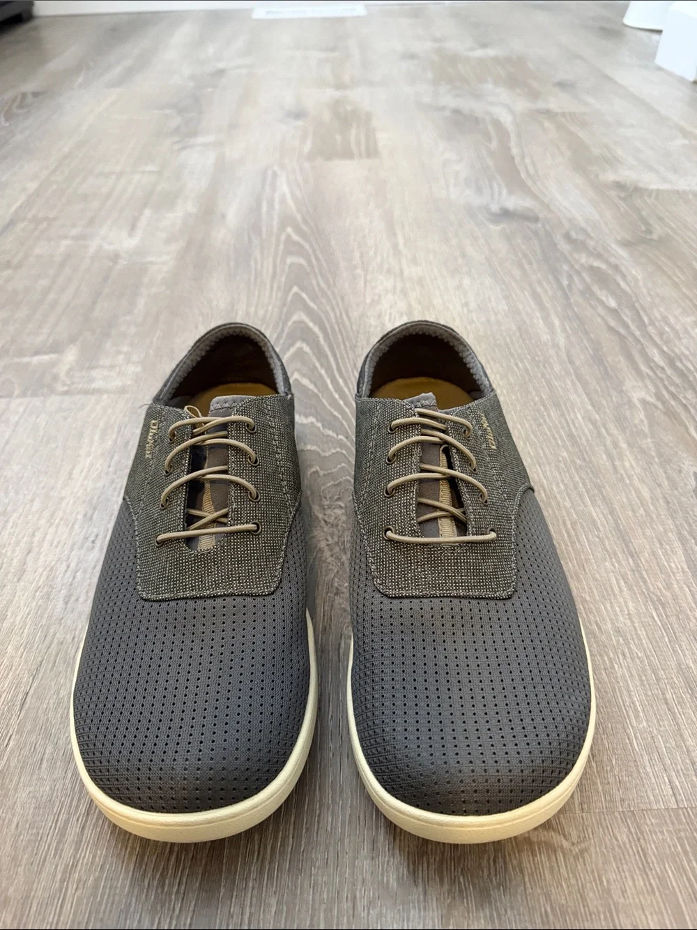 OluKai Men's Perforated Slip-On Lace Shoes in Dark Gray with Cream Sole
